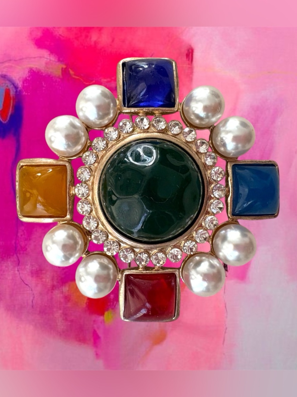 Colorful Jelly Glass Gold Pearl Rhinestone Brooch